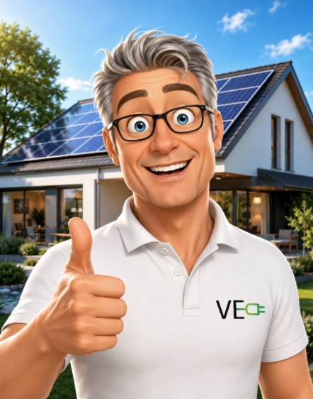 Thierry Acti-VE, en polo blanc au logo VE, pouce levé devant une maison équipée de panneaux solaires